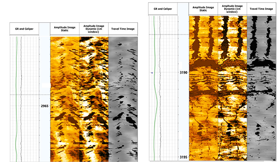 Two well intervals of the amplitude and travel time images showing fractures—natural and drilling induced—and the presence of break outs. 