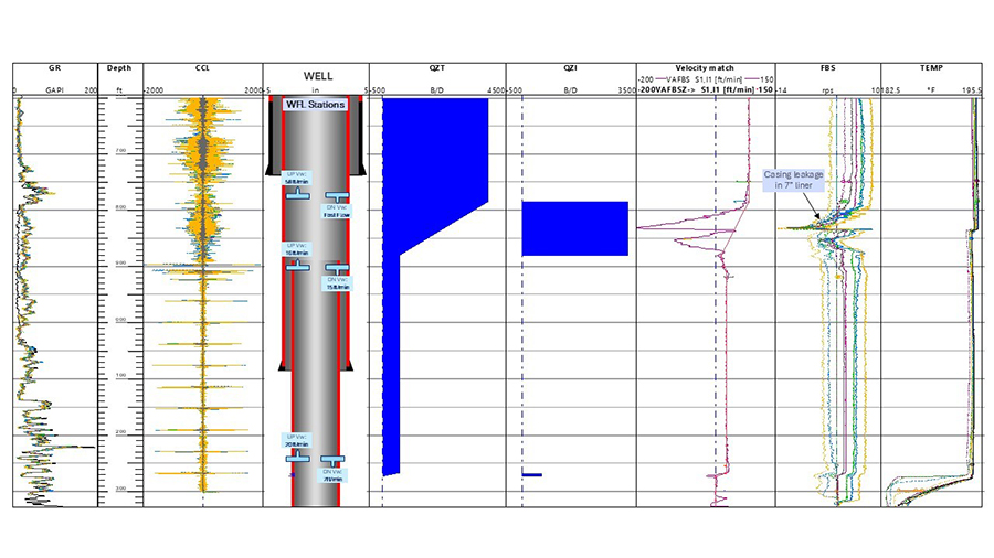 Summary of results from the PLT and the Raptor WFL stations for casing leak detection.